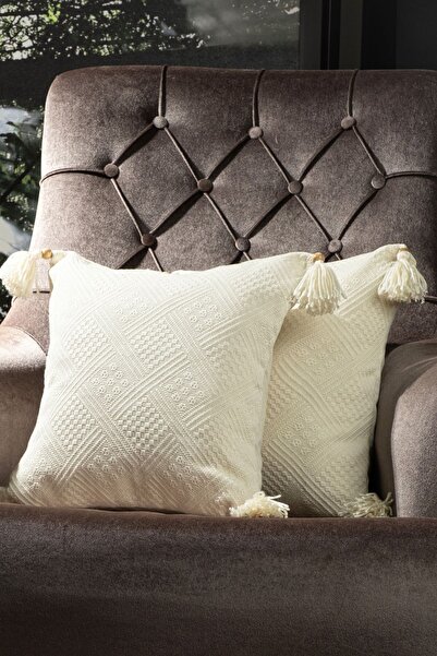 Berys 4' Lü Özgün Doğal Pamuklu Buldan Bezi Püsküllü Dekoratif Dokuma Kırlent...