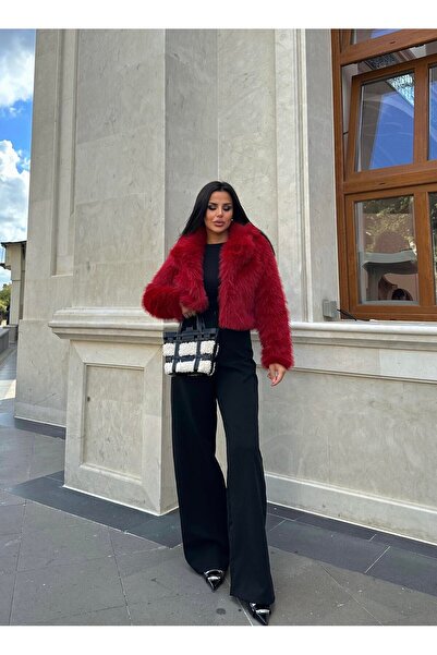 HARMONY GLOBAL Burgundy Shawl Collar Fur Coat – Plush Appearance, Soft Texture, Stylish and Warm Winter Coat 7585