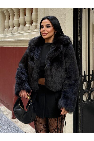 HARMONY GLOBAL Palton negru cu guler șal – aspect de pluș, textura moale, haină de iarnă elegantă și caldă 7585