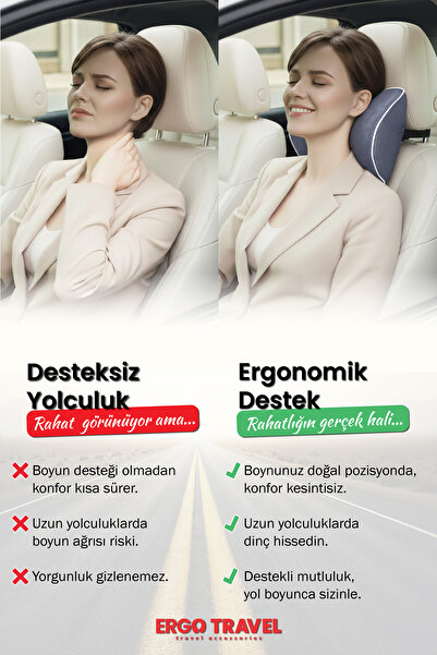 Viscofoam Carfort Büyük Visco Araç Boyun Yastığı – Ortopedik Oto Koltuk Boyun Desteği Gri - Ergo Travel