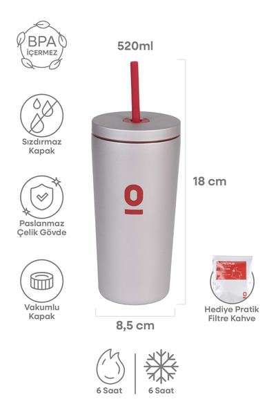 Espressolab Gray Metal Stainless Steel Thermos with Straw 520 ml with Lid No:94