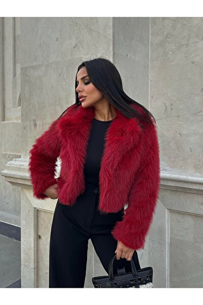 HARMONY GLOBAL Burgundy Shawl Collar Fur Coat – Plush Appearance, Soft Texture, Stylish and Warm Winter Coat 7585