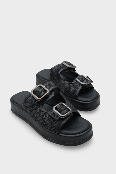 Capone Outfitters Γυναικείες παντόφλες από γνήσιο δέρμα Dana με σφήνα τακούνι και ψάθινη άνεση