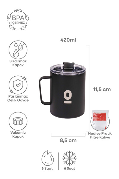 Espressolab Stainless Steel Black Metal Mug 420 ml Vacuum Lid Heat Insulated No:91