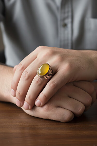 Takıdepo Sarı Akik Taşlı Gümüş Erkek Yüzük