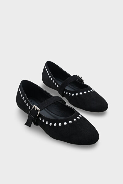 Capone Outfitters Penelop Round Toe Women's Ballerinas with Metal Accessories and Buckle, Faux Suede