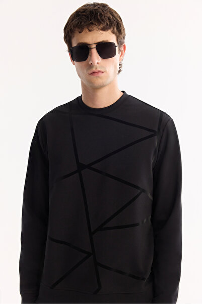 Avva Erkek Siyah Bisiklet Yaka Pamuklu Bi-Stretch Baskılı Regular Fit Sweatshirt A52Y1285