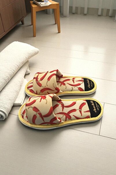 Chochili Μαλακές παντόφλες σπιτιού με σχέδιο κίτρινου πιπεριού - ανοιχτό μπροστινό μέρος