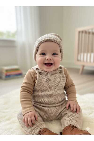 meriç bebe - bütün çocuklar melektir. mrc Baby Girl and Boy Adjustable Strap Diamond Pattern Beret Knitwear Salopet Set