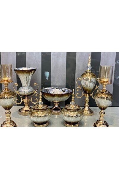 EVRA Cam Salon Seti 7 Parça Lüx Salon Takımı Gold Ayaklı Kahverengi