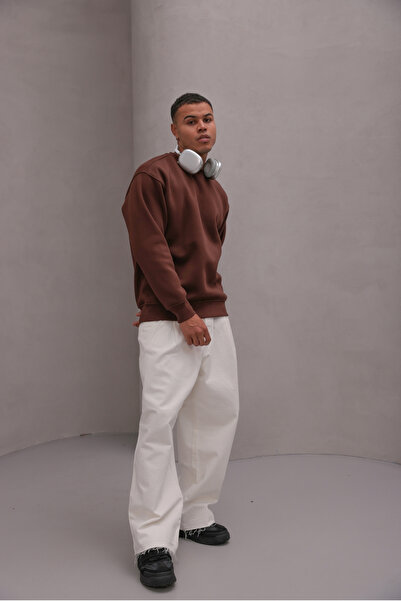 GIA - ART Ανδρικό φούτερ oversized Basic Brown – Crew Neck, 3 Thread Ş επένδυση fleece Fleece