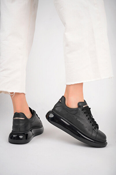 Deripabuc Hakiki Deri Siyah Kadın Deri Sneaker TRC-0694
