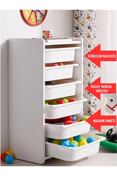 Babywhen Bw 2310 - Bebek Çocuk Oyuncak Dolabı - Oyuncak Sandığı - Oval Kenar - 6 Raflı - Beyaz - 45x88 Cm