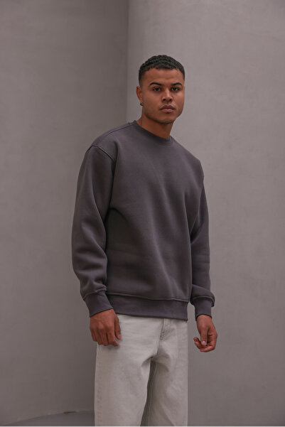 GIA - ART سويت شيرت رجالي قصة فضفاضة بيسك سموكد – ياقة دائرية، مبطن بالصوف خي...