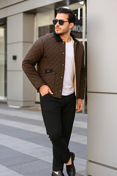 Serseri Men's Fur Quilted Brown Velvet Collar Coat