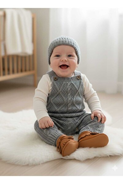 meriç bebe - bütün çocuklar melektir. mrc Baby Girl and Boy Adjustable Strap Diamond Pattern Beret Knitwear Salopet Set