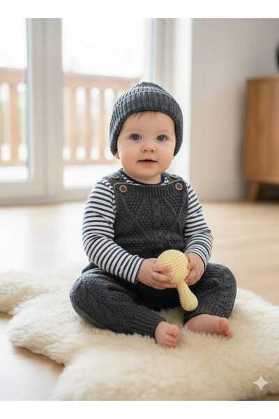 meriç bebe - bütün çocuklar melektir. mrc Baby Girl and Boy Adjustable Strap Diamond Pattern Beret Knitwear Salopet Set