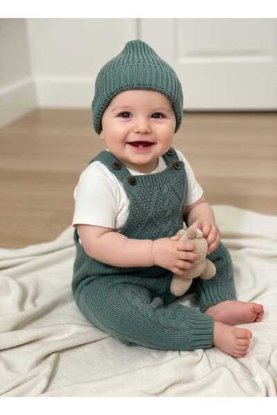 meriç bebe - bütün çocuklar melektir. mrc Baby Girl and Boy Adjustable Strap Diamond Pattern Beret Knitwear Salopet Set