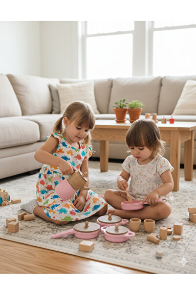 Özka Hobi Ahşap özka hobi pembe ve ahşap boyalı tencere ve tava seti