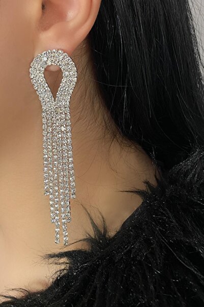 mos&more White Stone Dangle Long Women's Evening Dress Earrings, Tassel Earrings, Waterway