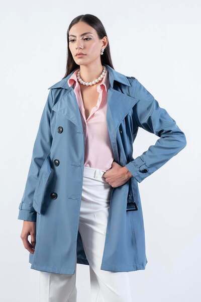 Spazio Pallaske Kruvaze Yaka Kuşaklı Cepli Trençkot İNDİGO