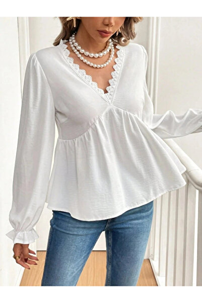 ARONA Women's Long Sleeve V Lace Neck Aerobin Blouse