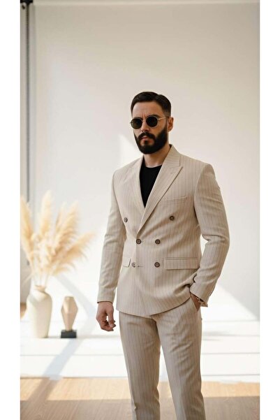 Salihtarzz Takım Elbise Kruvaze SlimFit K.Krem Çizgili SD42223