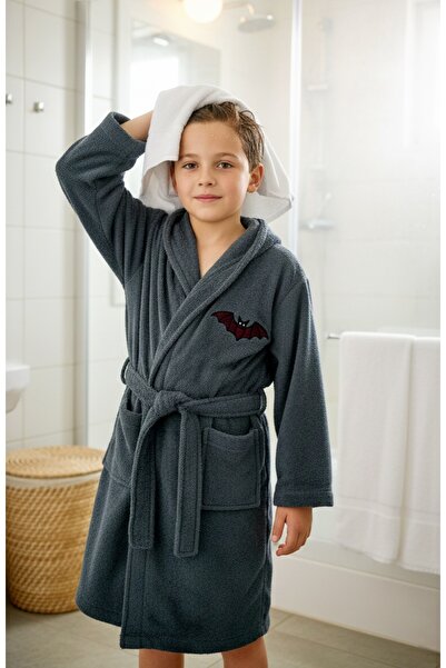 Bambu Kapşonlu Yumuşacık Unisex Kız-erkek Çocuk Havlu Bornozu Antrasit Gri / Yarasa