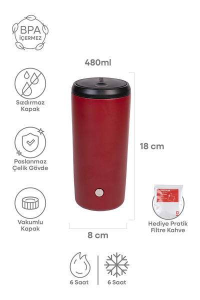 Espressolab Red Matte Textured Stainless Steel Thermos 480 ml with Lid No:92