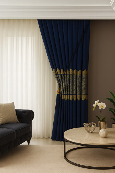 Emuz Pano Fon Perde Lacivert Damask Desenli Fon Perde 1 / 3 Sık Pile Pano, Fo...