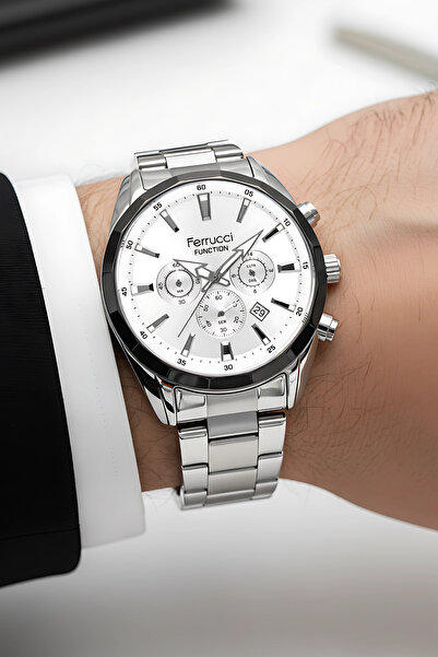 Ferrucci Function Erkek Kol Saati Çelik Kordon Gümüş-Beyaz Bileklik Hediyeli 3atm sdfer061