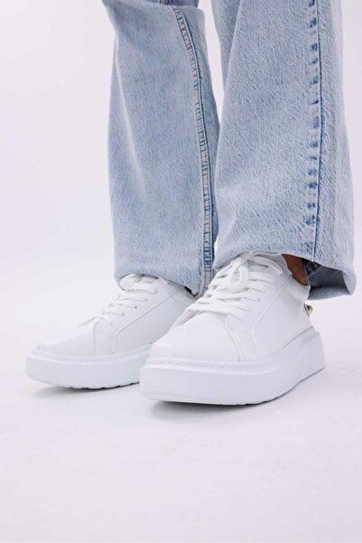 RASEAL SHOES Kadın Bağcıklı Basic Sneaker Inci Detaylı Kalın Taban Spor Ayakkabı Beyaz