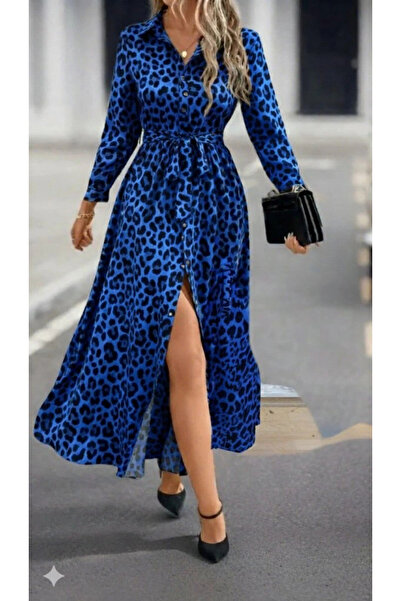 TBL DEKOR Rochie lungă modală imprimeu leopard pentru femei, cu mâneci lungi, cu decolteu și curea în talie