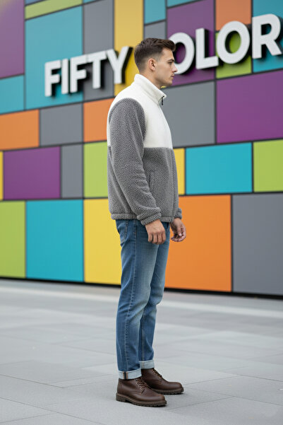 JAKARLI Unisex Oversize Fermuarlı Çift Cepli Bato Yaka Peluş Ceket