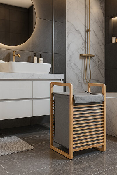 Tuğrastore Modern Bambu Çamaşır Kirli Sepeti Geniş Hacim 61X40 X35 cm 100 Lt-...