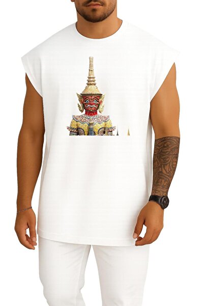 Bahriyeli Collection تيشيرت بتصميم بوذا الذهبي الكبير من تايلاند مع تصميم صدر...