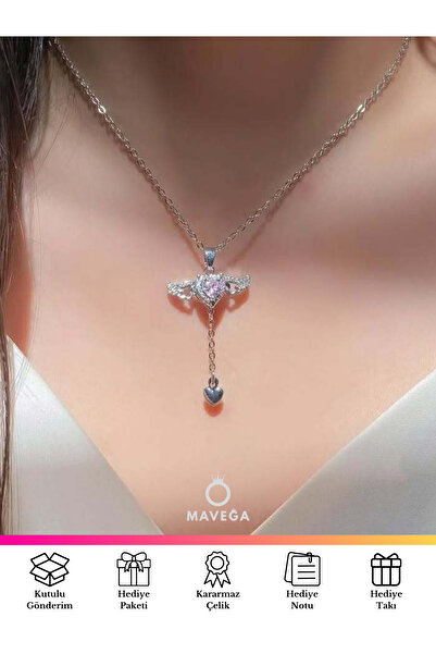 MAVEGA Hareket Eden Melek Kanatlı Kalpli Kolye | Kararmaz Çelik, Zirkon Taş, Gümüş Renk, 45 Cm