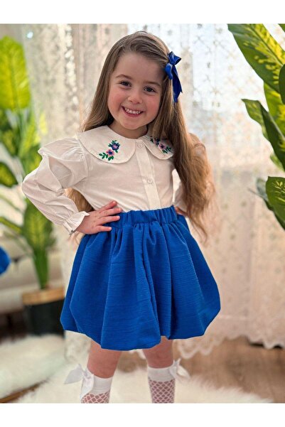 bebegci Yakası Nakışlı  Gömlekli Etekli Tokalı 3'Lü Kız Takım