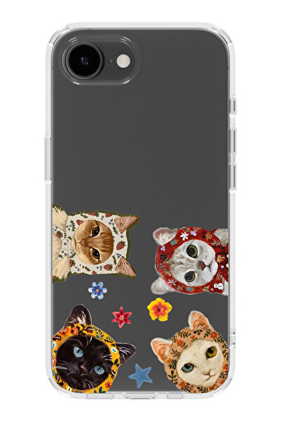 FLAMENKO iPhone 16E Sevimli Kediler Desenli Şeffaf Telefon Kılıfı