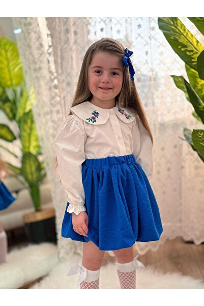 bebegci Yakası Nakışlı  Gömlekli Etekli Tokalı 3'Lü Kız Takım