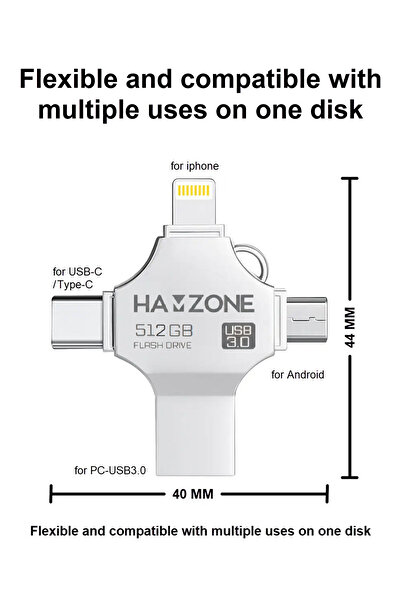 HAMZONE 4-in-1 USB Flash Drive, 512GB – Lightning, Type-C & USB