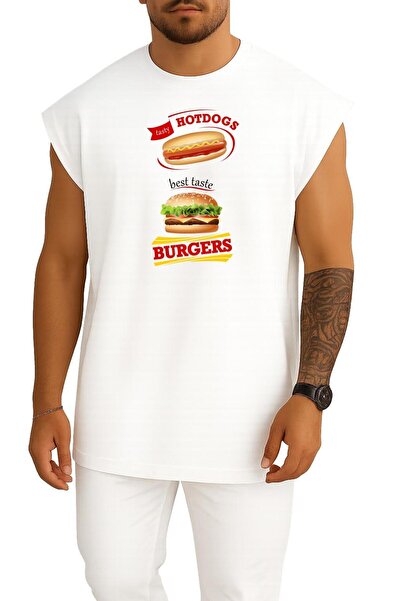 Bahriyeli Collection oversized Εικονογράφηση λουκάνικων και χάμπουργκερ, Αθλητής με σχέδιο στήθους γρήγορου φαγητού χάμπουργκερ
