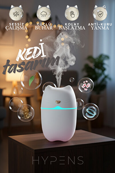 HYPENS Kedi Tasarımlı LED Hava - Oda- Araç Nemlendirici Buhar Makinesi Sessiz Aroma Difüzör Çok Fonksiyonlu