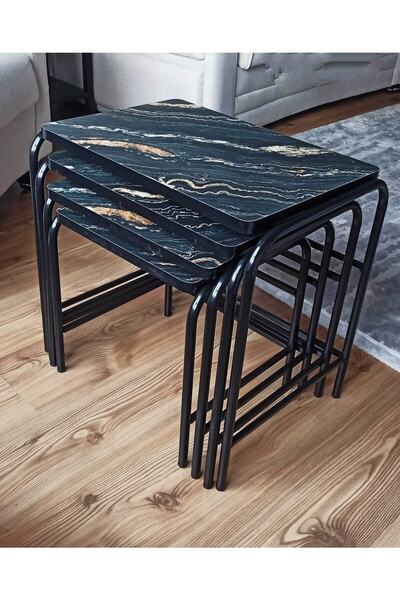 HOMEBELLA 3d Parlak Siyah 4'lü Zigon Sehpa Takım Metal Statik Ayaklı Üreticid...