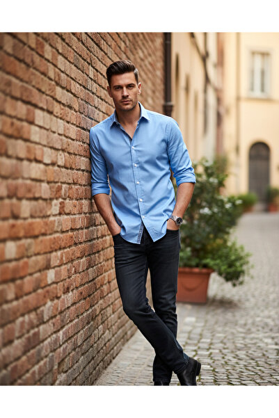 YusGos Men's Regular Fit Regular Collar Long Sleeve Easy Iron Pattern Detailed Cotton Shirt