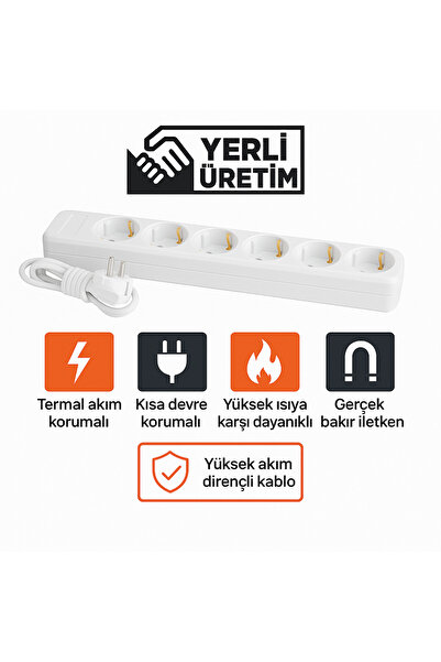 REYYEN 6'lı Grup Çoğaltıcı Fiş Priz 2 Metre Termal Akım ve Kısa Devre Korumalı Uzatma Kablosu