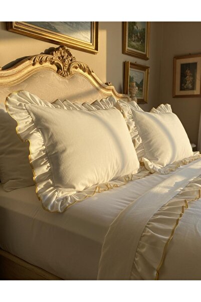 Ricco Lifes 100% Cotton Ruffled Double Duvet Cover Set with Gold Trim