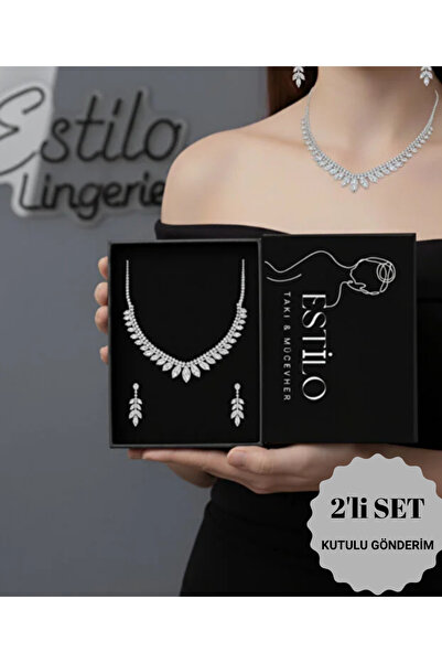 Estilo Lingerie Zirkon Taşlı Sultan Model Kolye Küpe Seti Pırlanta Görünümlü Takı Seti Hediye Takı Seti