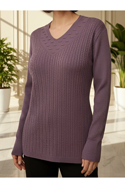 TEK Πλεκτό μπλουζάκι με λαιμόκοψη σε σχήμα V με σχέδιο / Λιλά