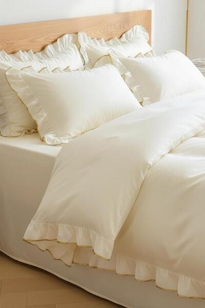 Ricco Lifes 100% Cotton Ruffled Single Duvet Cover Set with Gold Trim